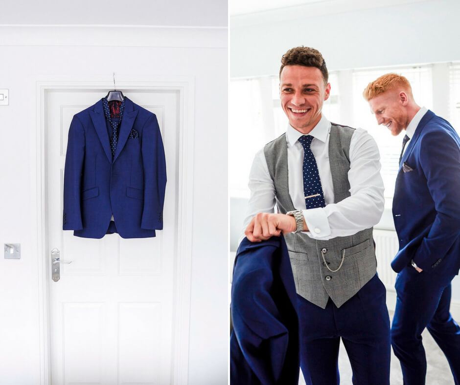 Left: The groom's navy suit jacket hanging on the doorframe. Right: The groom and an usher laughing in a candid shot.