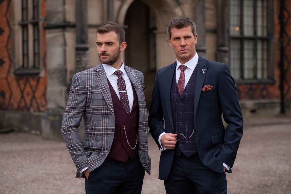 Two gents stood outside wearing lounge suits in contrasting colours