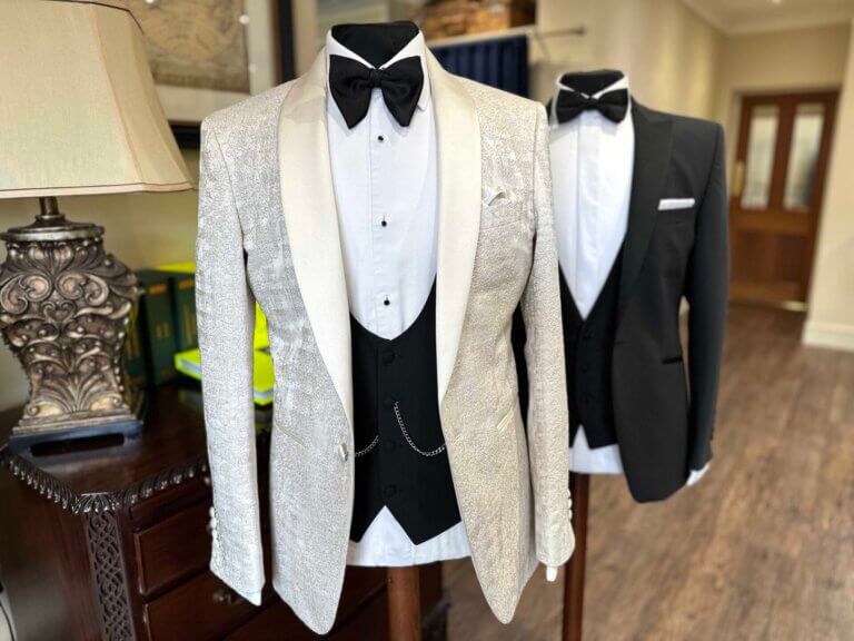 White Dinner Suit with White Satin Shawl Lapel, Black Horseshoe Waistcoat & White dress shirt