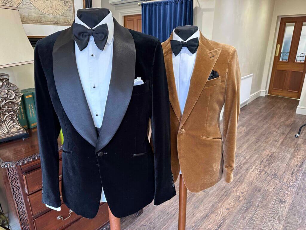 Black velvet dinner suit and Caramel velvet Dinner Suit with Black Horseshoe Style Waistcoat, Black Bow Tie and White Dress Shirt