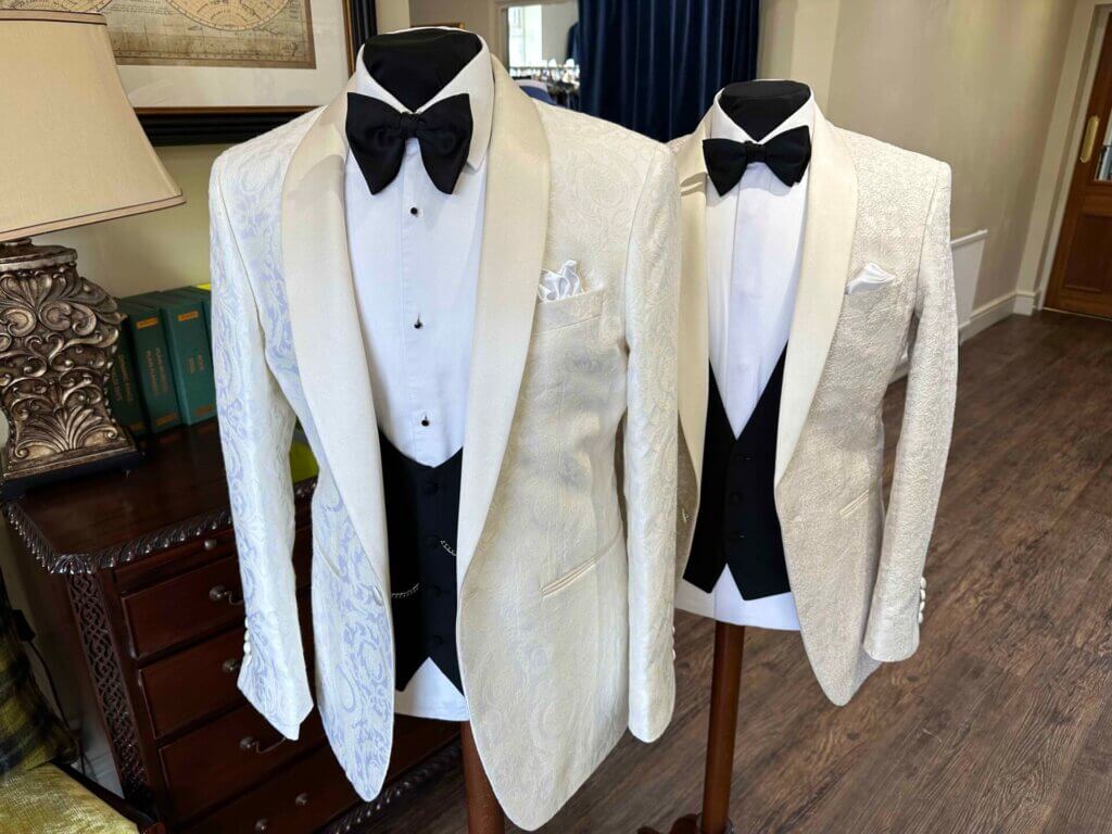 White Jacquard Pattern Dinner Suit with Black Horseshoe Style Waistcoat, Black Bow Tie and White Dress Shirt