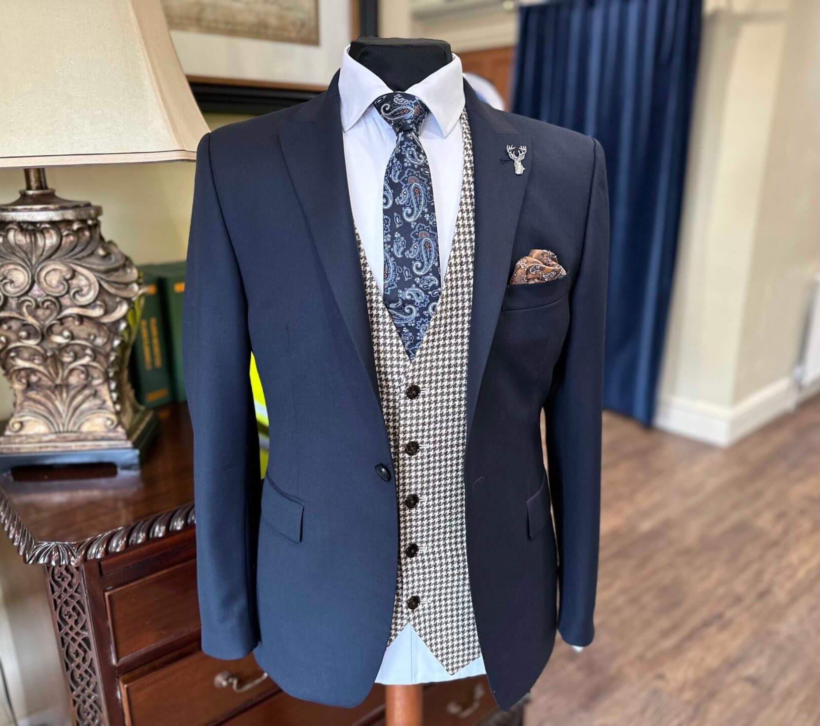 Navy Suit with Stone Waistcoat and blue Tie