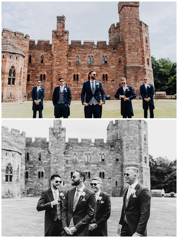 Candid shots of the groom and his ushers in the grounds of Peckforton Castle.