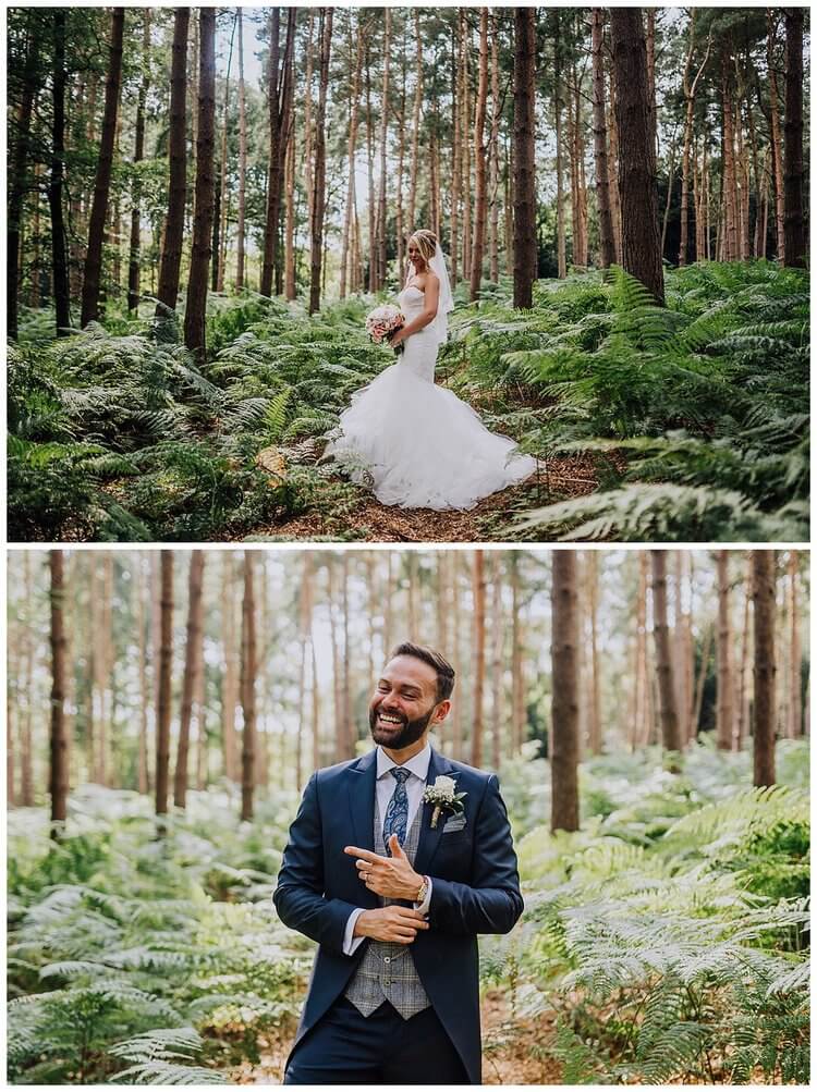 Top image: The bride holding her bouquet in the woods. Bottom image: The groom laughing and fixing his cuff in the woods.