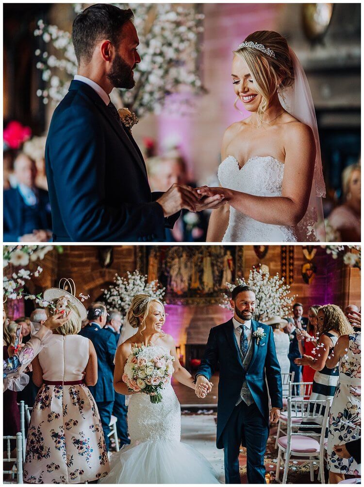 Candid shots of the wedding ceremony, the top image being the groom putting the ring on the bride's ring finger, the bottom image shows the bride and groom walking down the aisle hand in hand.