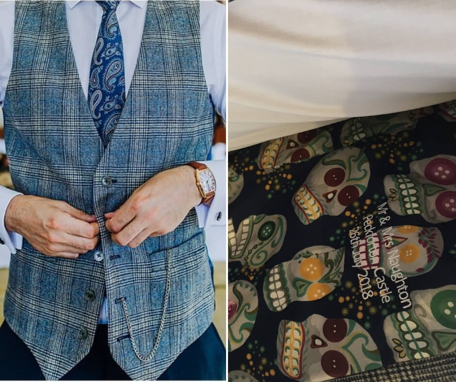 A close up shot of the groom buttoning his checked blue waistcoat, alongside a detail shot of the personalised inner lining of the waistcoat.